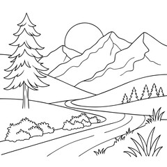 Continuous line drawing of sun and mountain range landscape background	