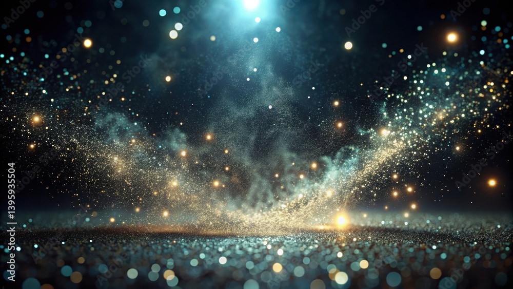 Wall mural abstract sparkling background with golden and teal shimmering particles and glowing lights