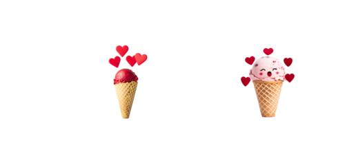Ice cream in a cone with hearts around, cartoon style, cut out transparent