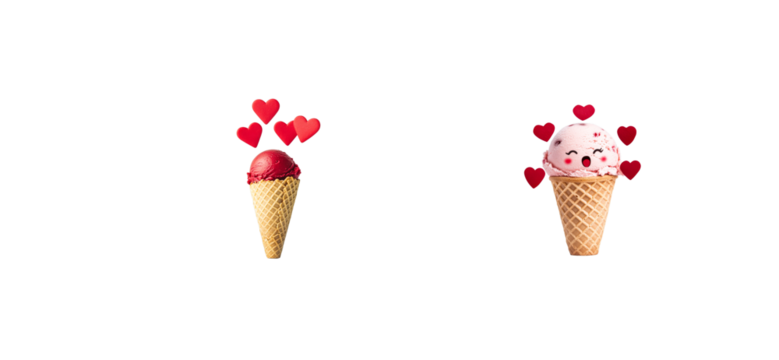 Ice cream in a cone with hearts around, cartoon style, cut out transparent