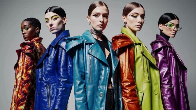 Fashion group in metallic trench coats posing