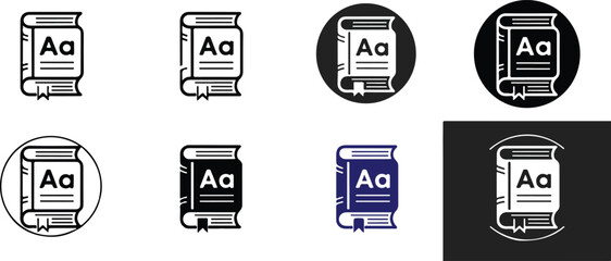 Set of Book Icons Featuring Typography Symbols in Multiple Styles Including Outline, Filled, Circular, and Colored Variants for Educational and UI Design Use