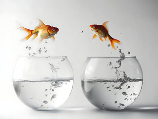 Two fishbowls, one with goldfish jumping out of it into the other bowl, against a white background.