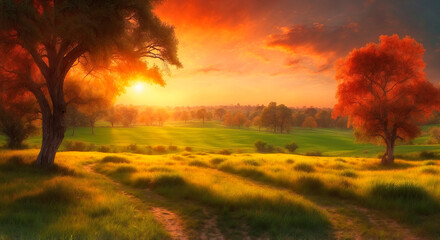 Natural background of rising sun over fields