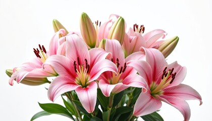 Fototapeta premium Beautiful pink lily flower bouquet isolated white background. Ideal for card design, decoration. Floral arrangement for holidays, events, celebration, gift. Fresh spring blossoms, natural beauty