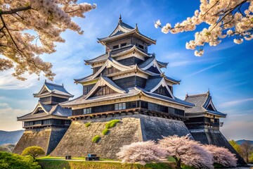 Naklejka premium Kumamoto Castle Japan: Panoramic Spring Landscape with Cherry Blossoms and Ancient Walls