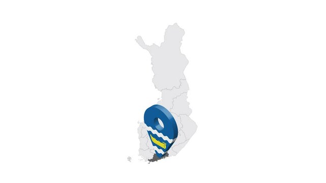 Location Uusimaa Region on map Finland. 3d Uusimaa Region flag map marker location pin. Map of Finland showing different parts. 4K.  Animated Video