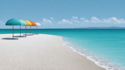 beach landscape, a lively, wide summer beach view with bright sand, colorful umbrellas, and calm waves beneath a clear blue sky