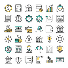 Finance and Banking Vector Icons Set | Money, Bank, Investment, Credit Card, Loan, Savings, Budget, Accounting, Crypto, ATM, Wallet, Tax, Currency, Line Art Finance Icons
