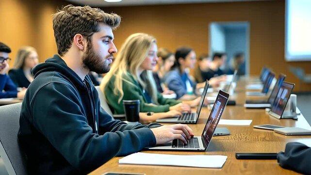 Wide shot of students practicing active hybrid learning, checking schedules on mobile apps while listening to the in-person professor and watching remote speakers on a screen