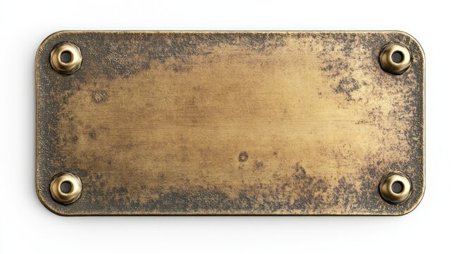 An antique gold brass metal name plate with rounded corners and four small rivets on the edges