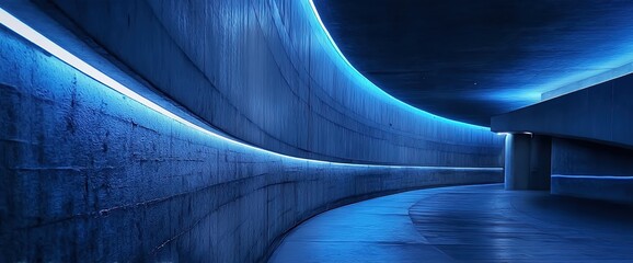 Obraz premium A curved-ceiling dark blue concrete tunnel with glowing blue light strips on inner walls, smooth flat ground, cold technological atmosphere and depth perspective.