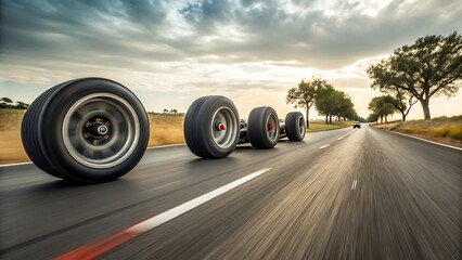 four automobile wheels rush on the road