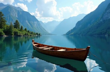 Obraz premium Breathtaking mountain landscape. Wooden boat on a mountain lake.