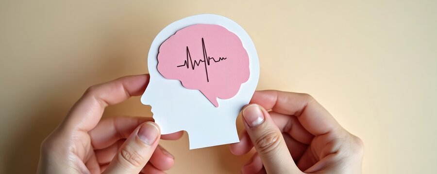 Adult, child hands holding brain paper cutout with encephalography wave. Epilepsy, alzheimer awareness, seizure disorder, mental health concept. Neurology, psychology, medicine, research, therapy.