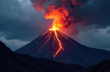 Geological disaster. Erupting volcano at night.