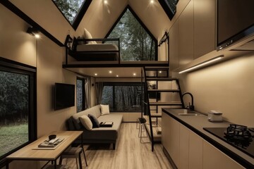 A sleek and modern tiny house interior includes a living room and loft bedroom, both of which feature bright lighting and contemporary furniture