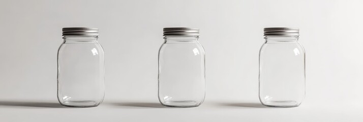 Empty glass containers with metal lids, set against a transparent background, can be utilized for storage, preserving food, or creating DIY projects