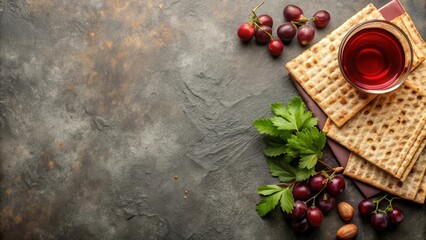 Aromatic flatbreads, red grapes, and a glass of red beverage rest on a dark textured surface, garnished with fresh herbs
