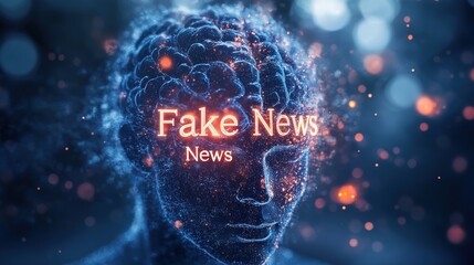 Conceptual visualization of impact of fake news on human mind, depicted as digital image of head with glowing text "Fake News" and "News" against backdrop of network of neural connections