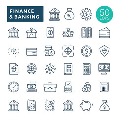 Finance and Banking Vector Icons Set | Money, Bank, Investment, Credit Card, Loan, Savings, Budget, Accounting, Crypto, ATM, Wallet, Tax, Currency, Line Art Finance Icons