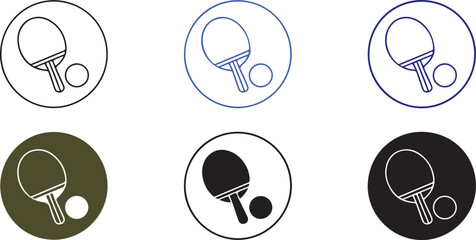  Minimalist Line Icons of Table Tennis Paddle and Ball with Circular Backgrounds Representing Ping Pong, Sport, and Recreational Activity Concepts