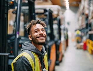 Fototapeta premium Warehouse worker in high-visibility vest smiling, forklifts and pallets in background, natural lighting, industrial storage environment.