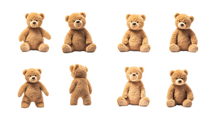 Pack Teddy Bear Set in Different Poses on Transparent Background for Toys, Childhood, and Gift-Themed Designs