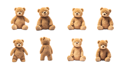 Pack Teddy Bear Set in Different Poses on Transparent Background for Toys, Childhood, and Gift-Themed Designs