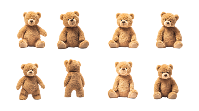 Pack Teddy Bear Set in Different Poses on Transparent Background for Toys, Childhood, and Gift-Themed Designs