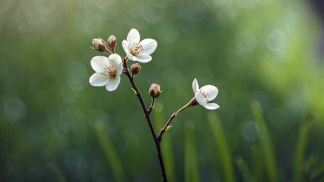 Delicate blooms on a thin branch surrounded by soft green grass.