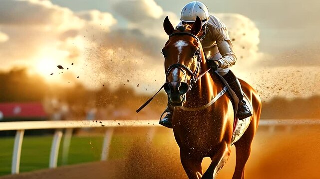 Portrait-style shot of a racehorse mid-stride, sun catching the droplets of sweat on its chestnut coat, bridle glinting sharply, as the jockey adjusts the whip