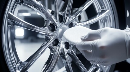 Obraz premium A close-up view of a professional technician applying a wheel sealant to a car rim 