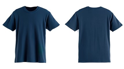Navy-blue short-sleeved T-shirt with crew neck, front and back views on pure white background