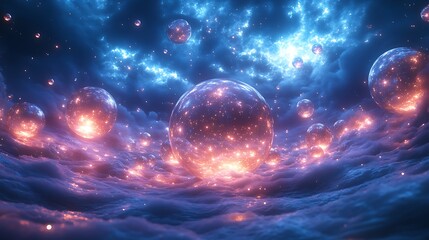 Fototapeta premium A boundless field of floating, luminescent orbs, shifting in hue and intensity as they drift through a surreal dreamscape,
