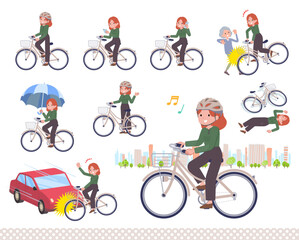 シティサイクルに乗った赤髪女性のセット