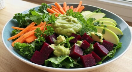 A fresh and colorful salad bowl featuring kale, shredded carrots, beet cubes, avocado, and a generous dollop of guacamole, garnished with herbs like parsley and mint.