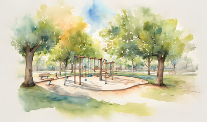 Watercolor Illustration of a Park Playground with Trees