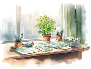 Money and Plants on Wooden Desk with City View in Watercolor