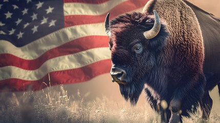 Large American Bison with Waving American Flag Background