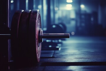 Fototapeta premium Dimly lit gym with weights stacked on a barbell highlights strength training in a focused, intense environment.