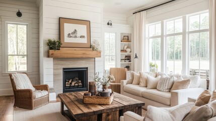A cozy living room interior with fireplace and stylish furniture