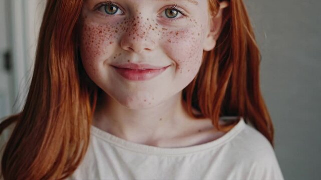 Close-up of a young girl with freckles and red hair smiling.
