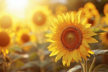 Obraz premium Sunflowers stretch towards the sun, basked in a warm golden glow, embodying the essence of summer and growth.