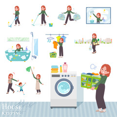 掃除や洗濯など家事に関する赤髪女性のセット