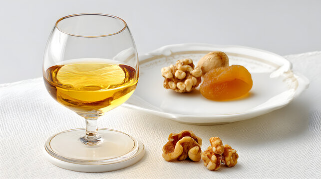 Golden Tokaji Dessert Wine with Dried Fruits and Nuts on a Stylish Plate