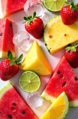 summer background Fruity Vibes background filled with juicy summer fruits: watermelon, pineapple, strawberries, lime, ice cubes