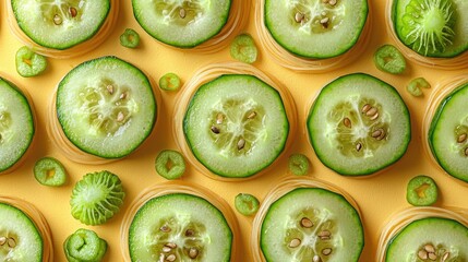 Sliced Cucumbers and Pasta on a Yellow Background
