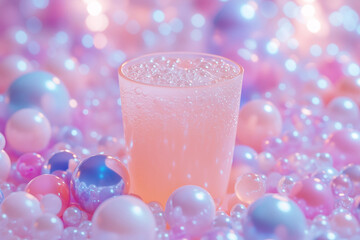 Bright bubble tea cup placed among colorful floating beads in a dreamy pastel setting filled with soft light