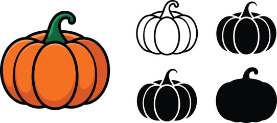   Pumpkin Vector Set Featuring Colored, Outline, and Silhouette Variations for Autumn, Halloween, and Thanksgiving Design Projects